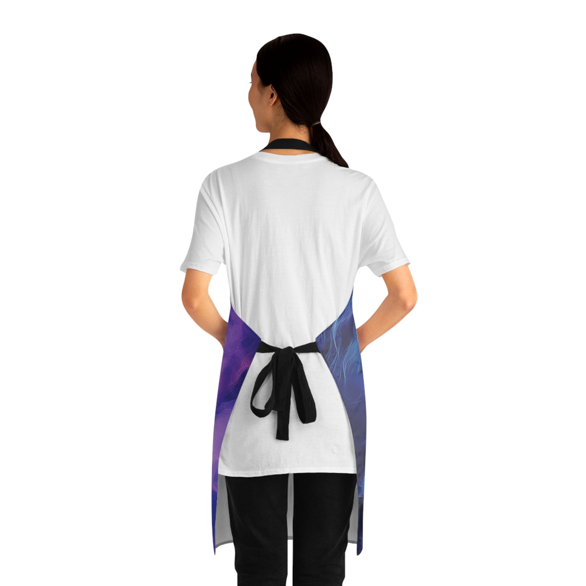 Back view of a model wearing an apron with purple and blue accents