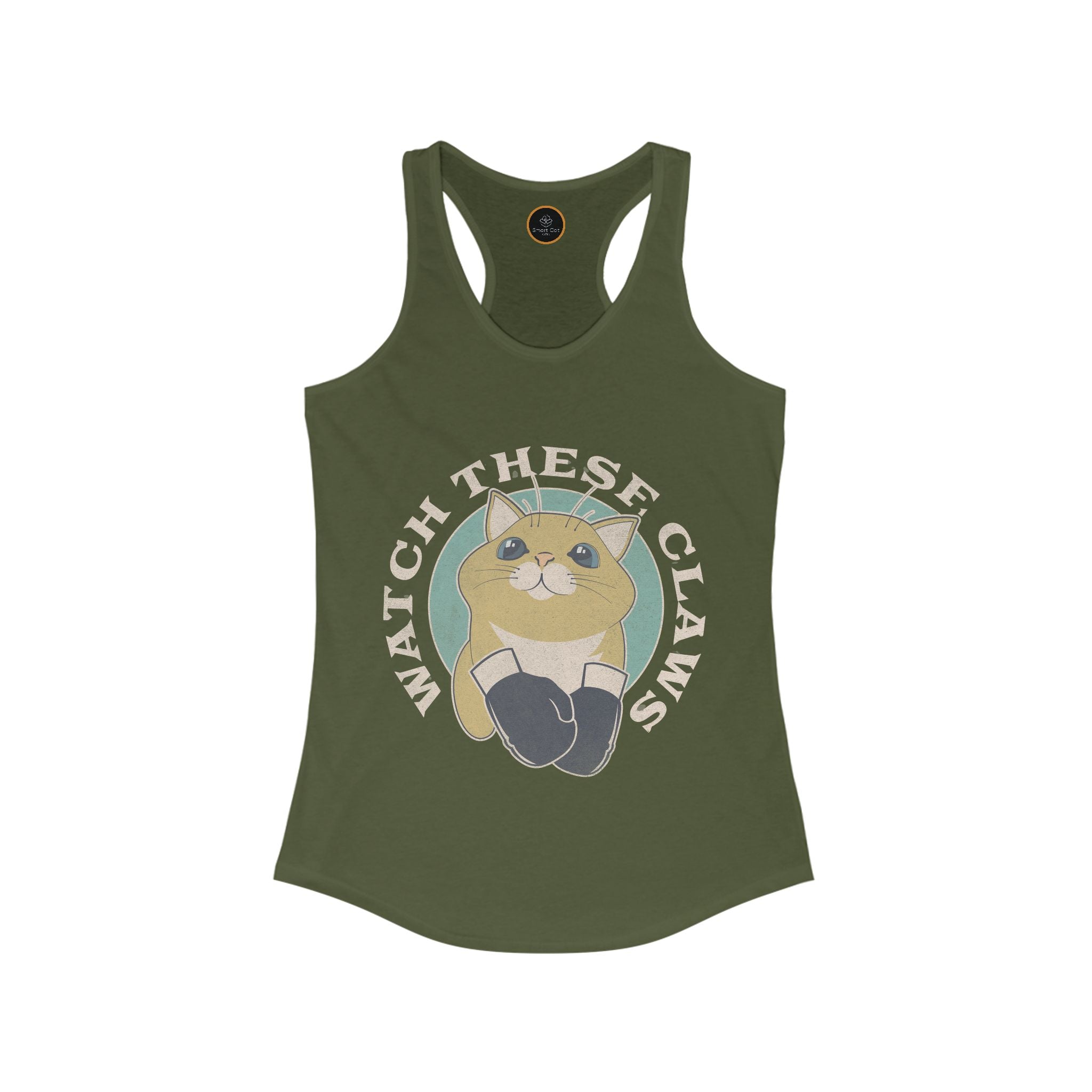 Watch These Claws tank top, graphic of a cat wearing boxing gloves.