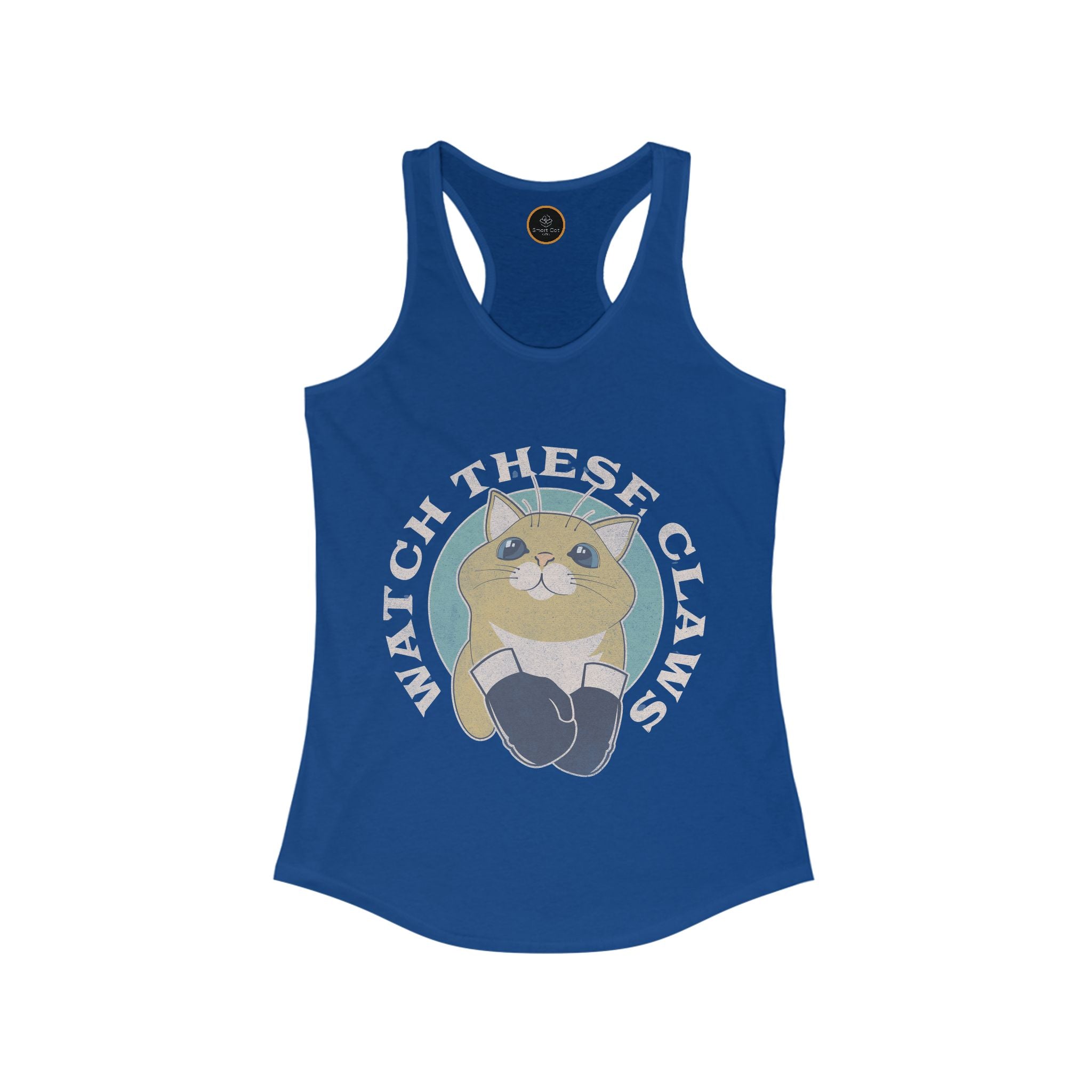 Watch These Claws tank top, graphic of a cat wearing boxing gloves.