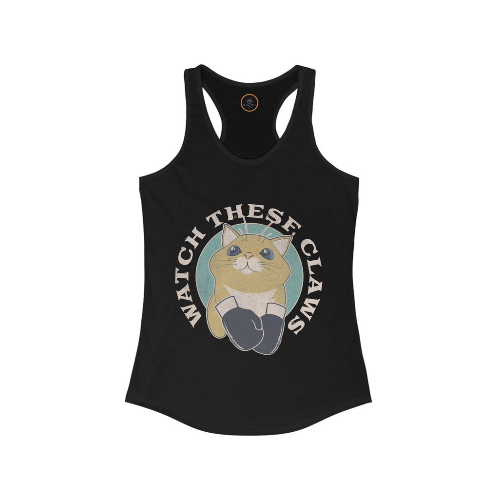Watch These Claws tank top, graphic of a cat wearing boxing gloves.