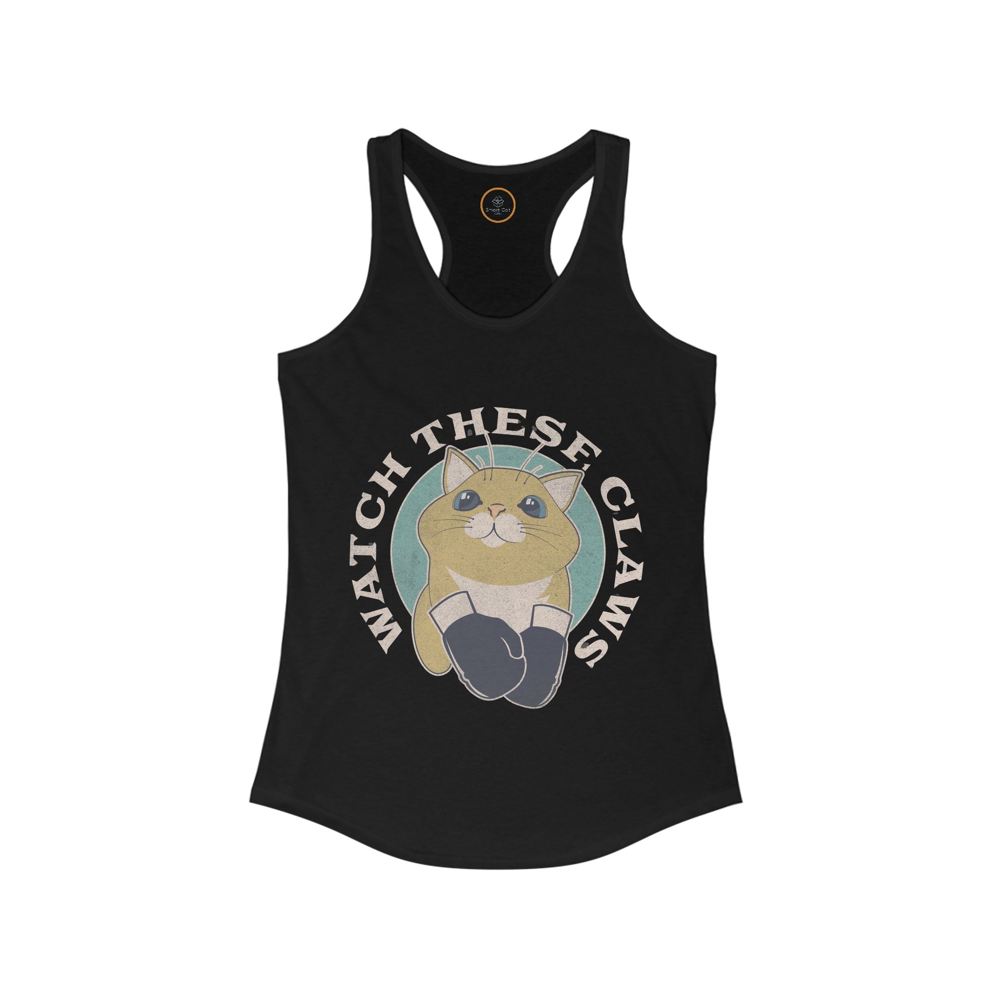 Watch These Claws tank top, graphic of a cat wearing boxing gloves.