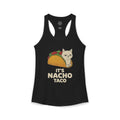 Black women's racerback tank with a grumpy white cat in a taco and It's Nacho Taco text