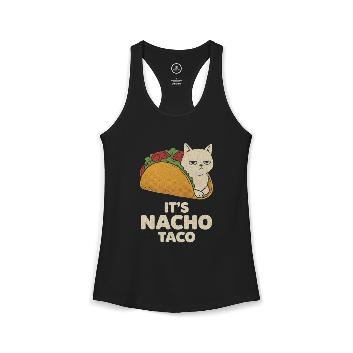 Black women's racerback tank with a grumpy white cat in a taco and It's Nacho Taco text