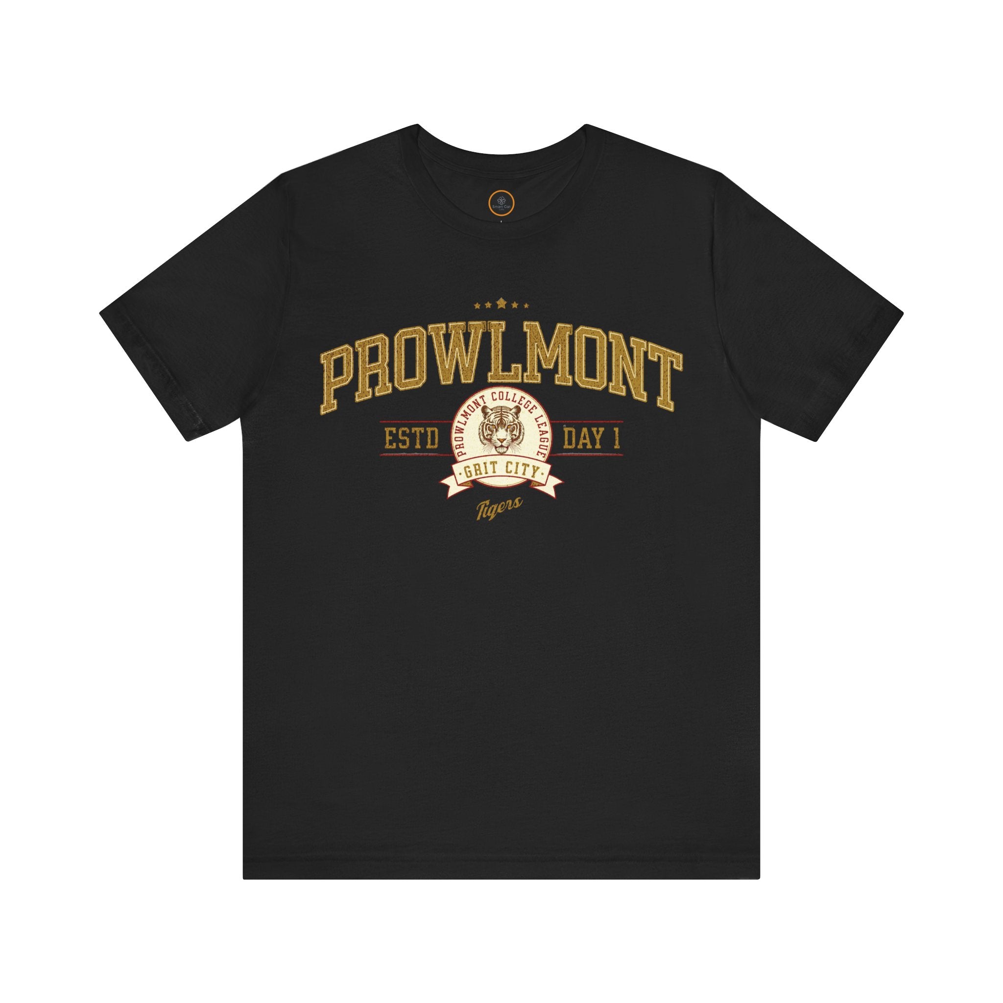 Black varsity style t-shirt with 'Prowlmont Grit City Tigers' text and tiger logo on a white background