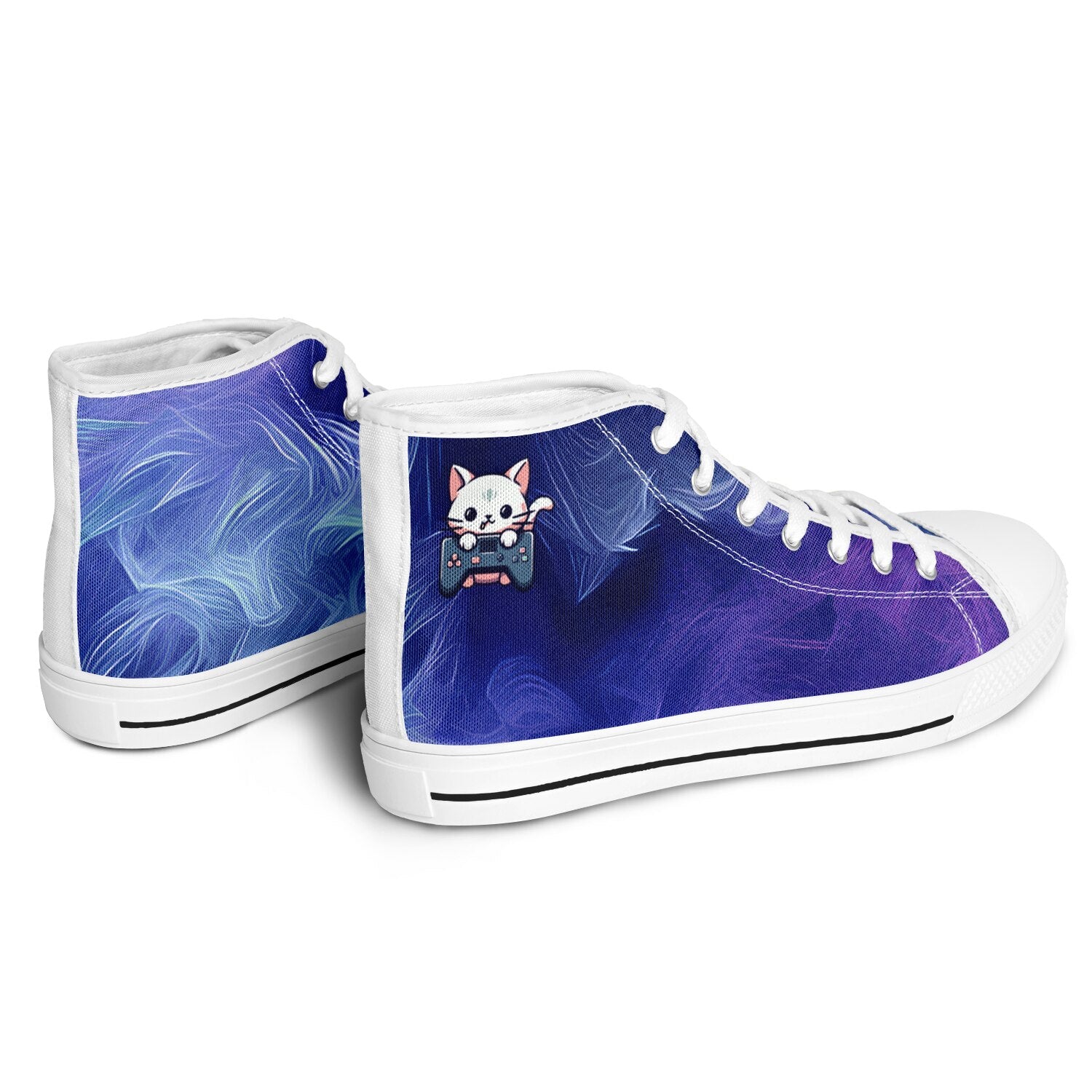  Purple Game High Tops: Vibrant purple fur all-over print with cartoon cat holding joystick graphic.