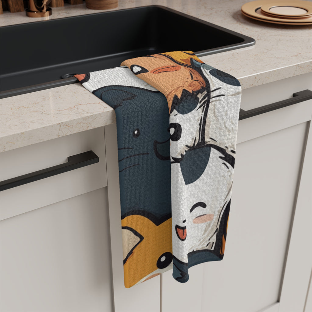 Colorful Kawaii Party Microfiber Tea Towel in a modern kitchen setting.