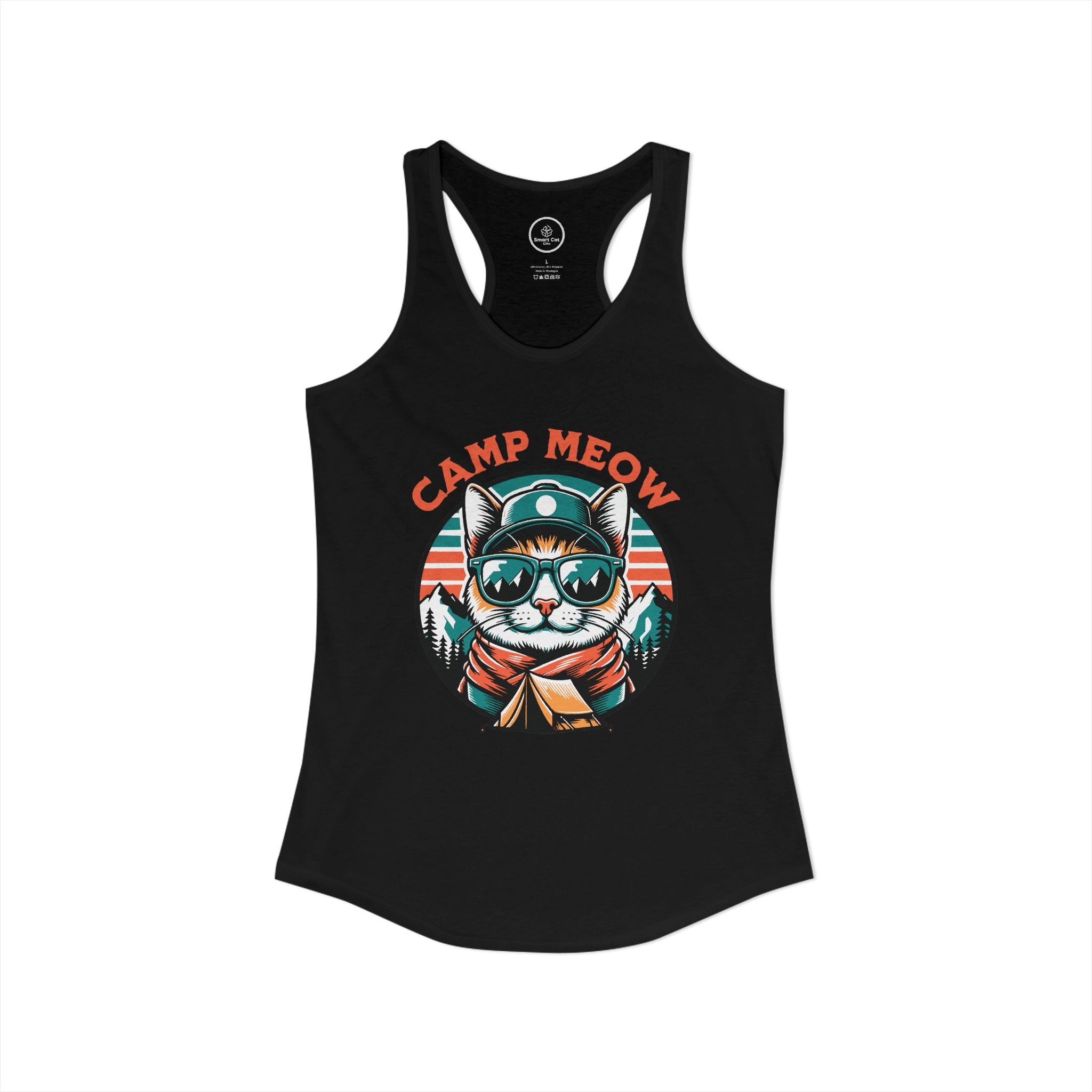 Black tank top with a cat graphic and 'Camp Meow' text.