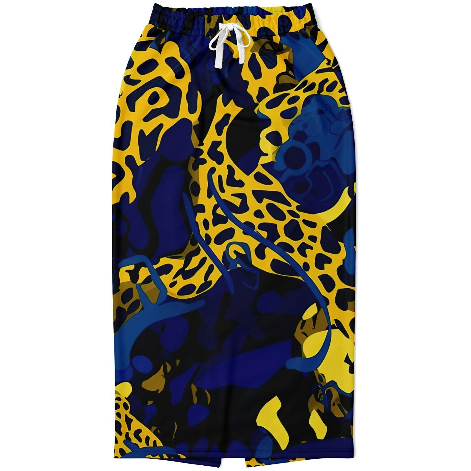 A long athletic skirt with vibrant leopard print and blue color, featuring side pockets and a drawstring closure.