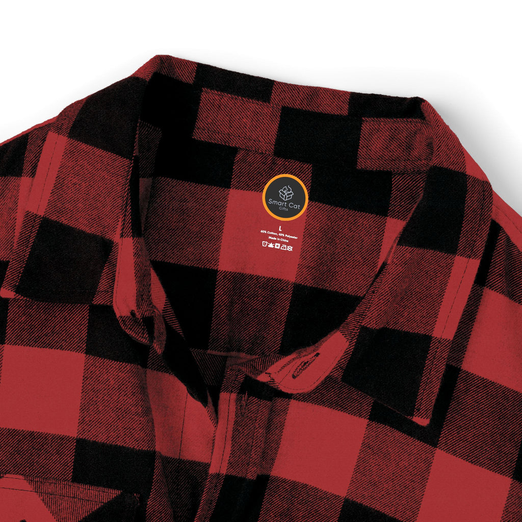 Front  view of a red and black flannel. 