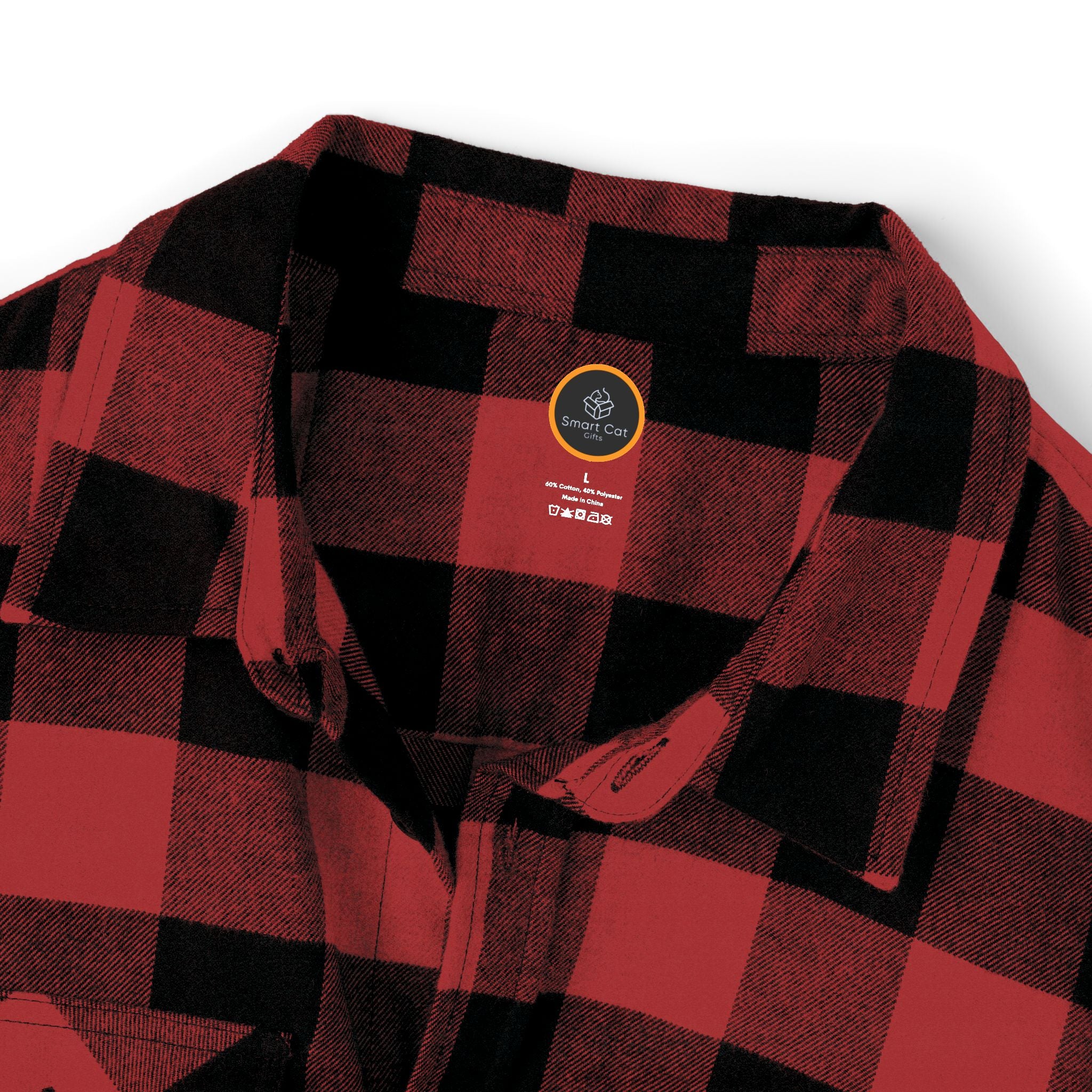 Front  view of a red and black flannel. 