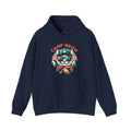 Camp Meow Navy Blue Hoodie: Retro illustration of a cat wearing sunglasses and a scout uniform, standing in front of a mountain landscape.