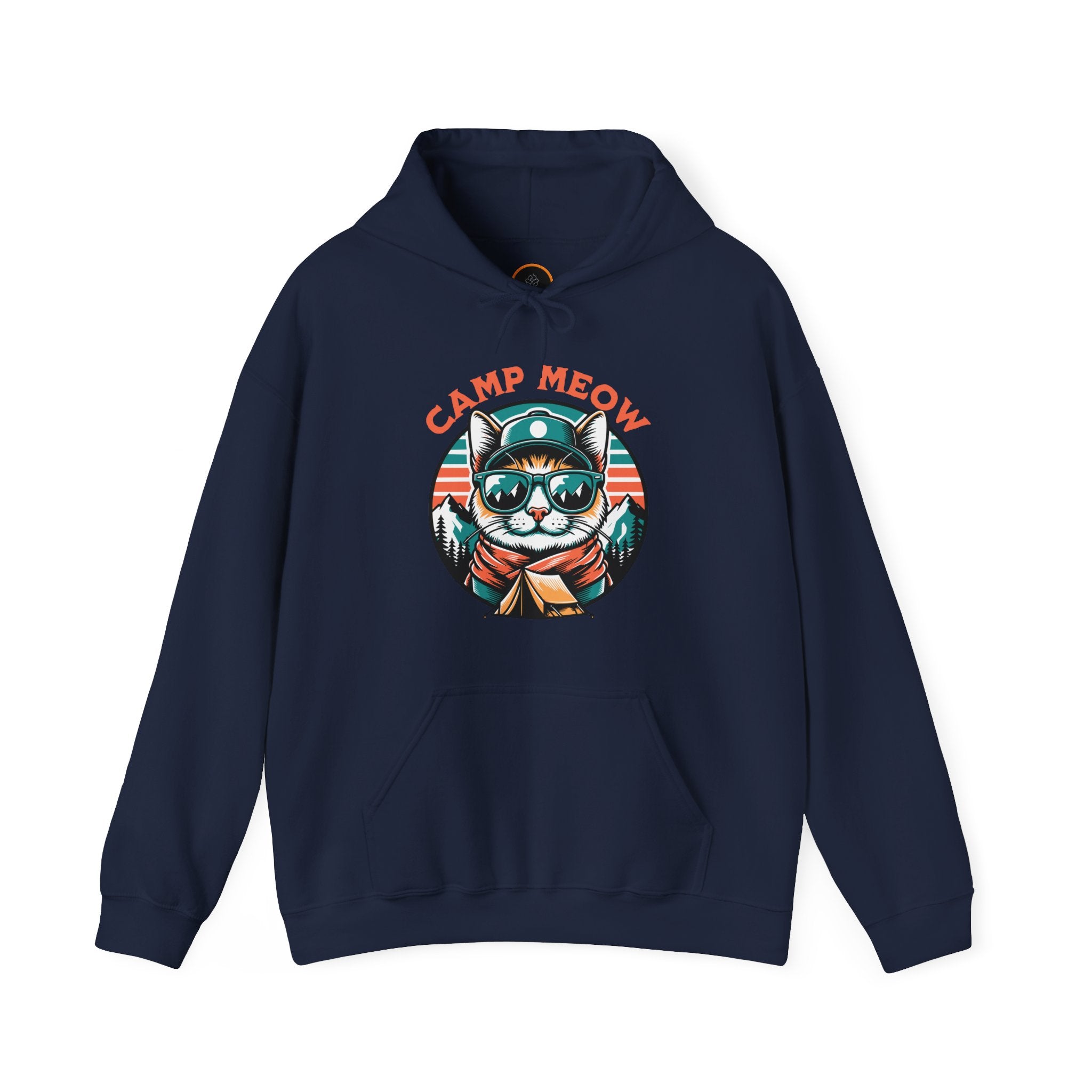 Camp Meow Navy Blue Hoodie: Retro illustration of a cat wearing sunglasses and a scout uniform, standing in front of a mountain landscape.