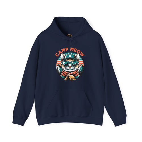 Camp Meow Navy Blue Hoodie: Retro illustration of a cat wearing sunglasses and a scout uniform, standing in front of a mountain landscape.