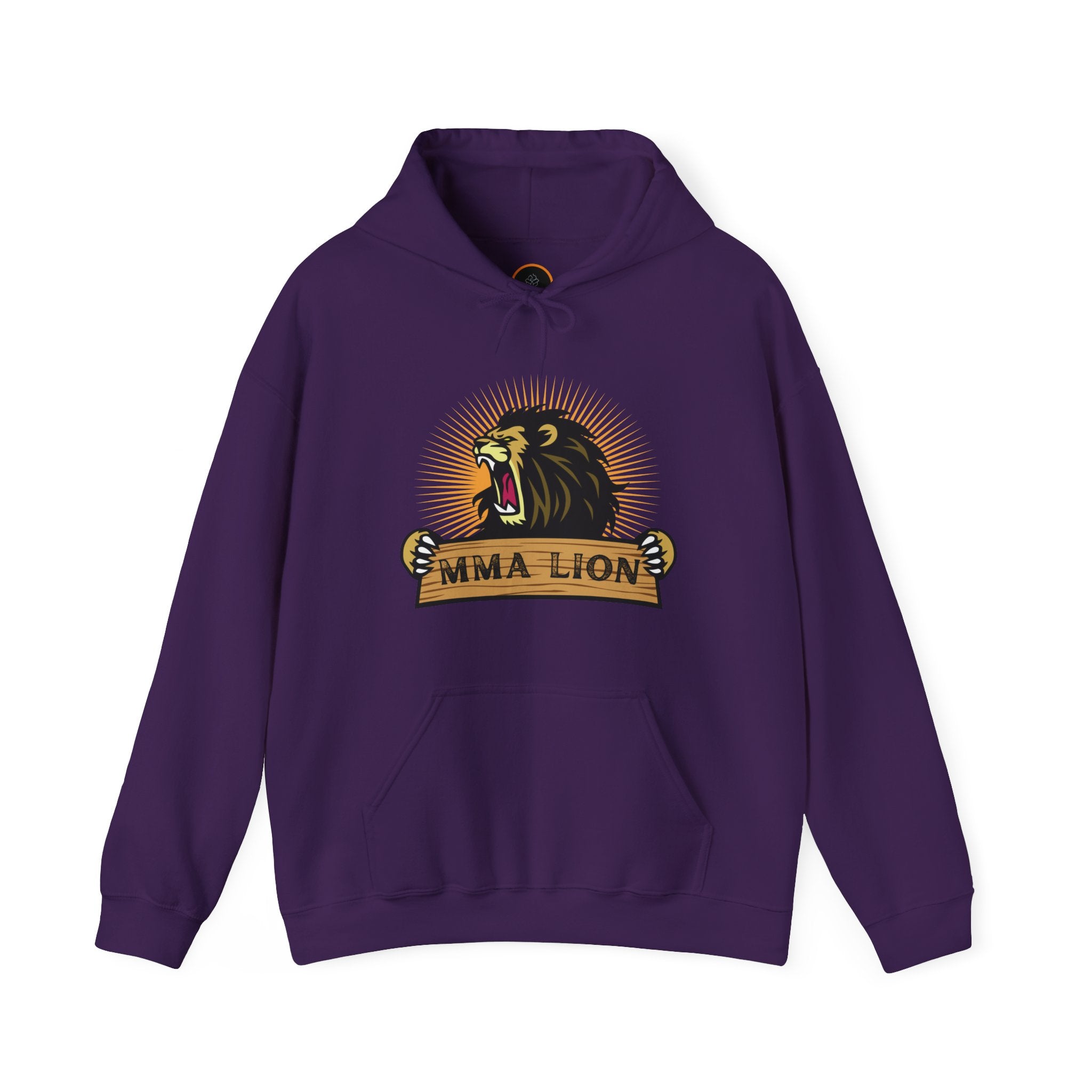 MMA Lion Hoodie: Features a graphic of a powerful, radiant, male lion roaring while appearing to stretch a wooden plank with "MMA Lion" written on it.