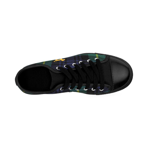 Top view of the Women's Alley Cat Kicks low top sneakers: green, black, yellow plaid all-over print.