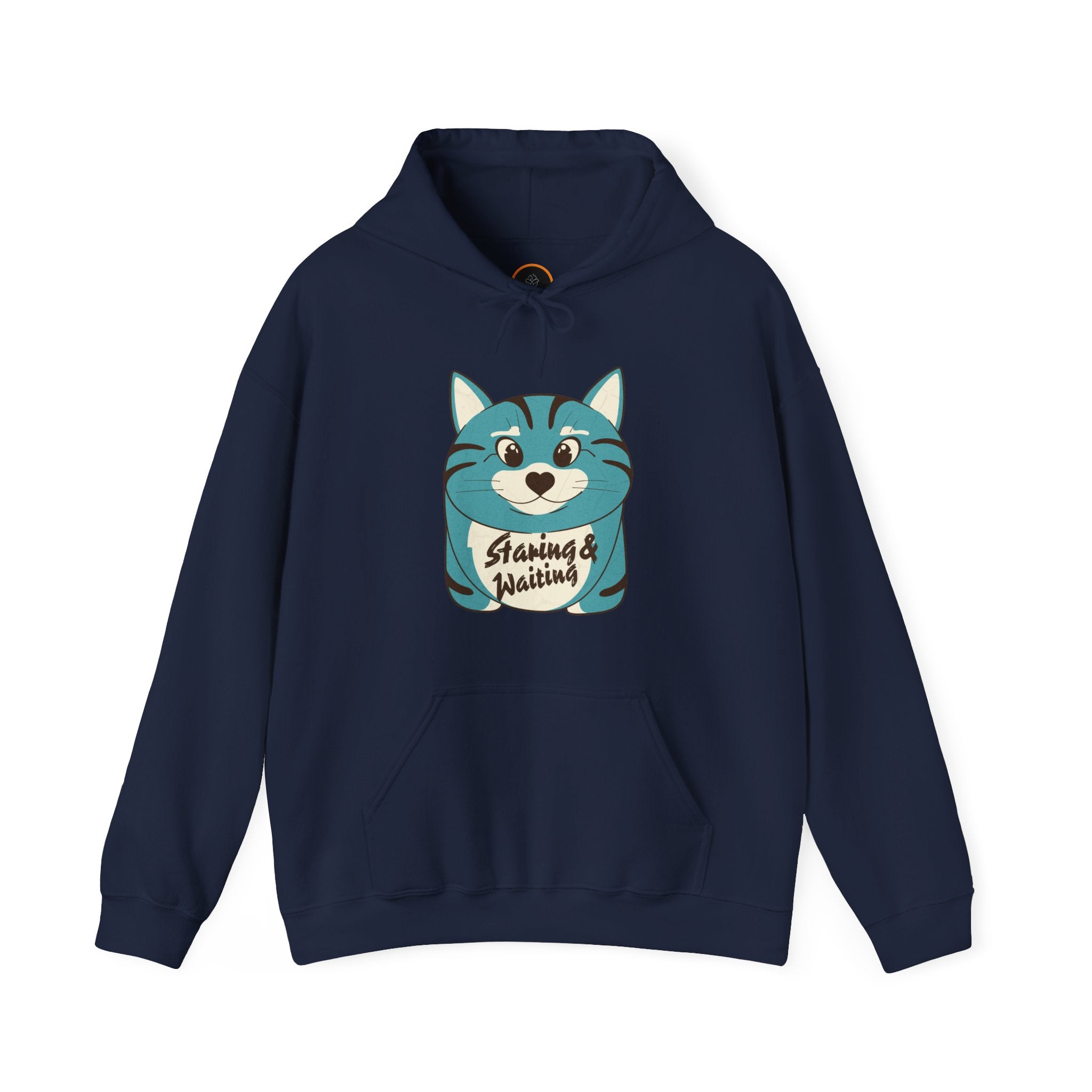 Navy blue "Staring and Waiting" Hoodie: Features a cartoon graphic of a wide-eyed cat on the front, with the text "staring and waiting" written across its belly.