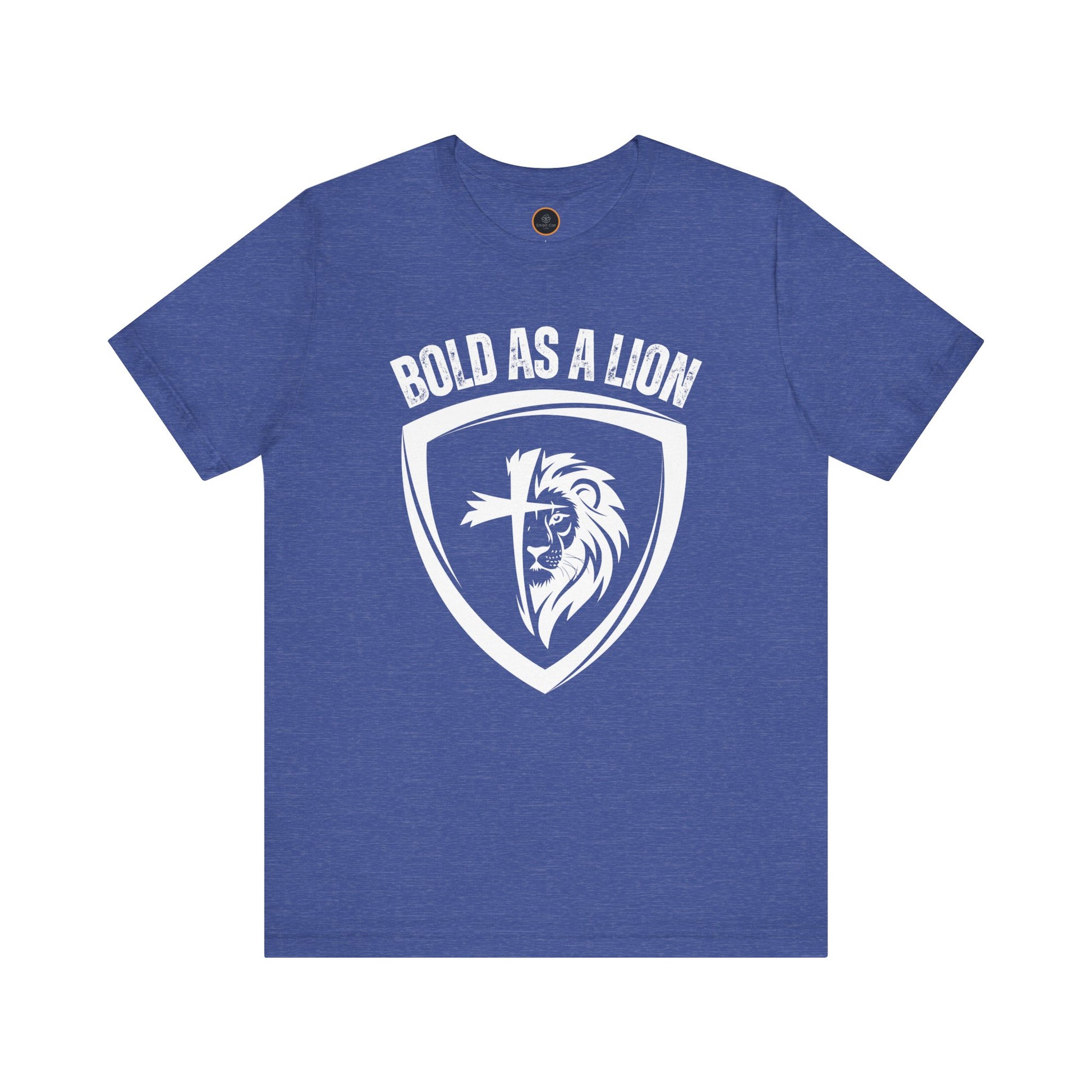 The Bold As A Lion t-shirt: Featuring a graphic with half of a lion's face merging into half of a cross within a shield outline. The text "bold as a lion" is printed above the graphic.