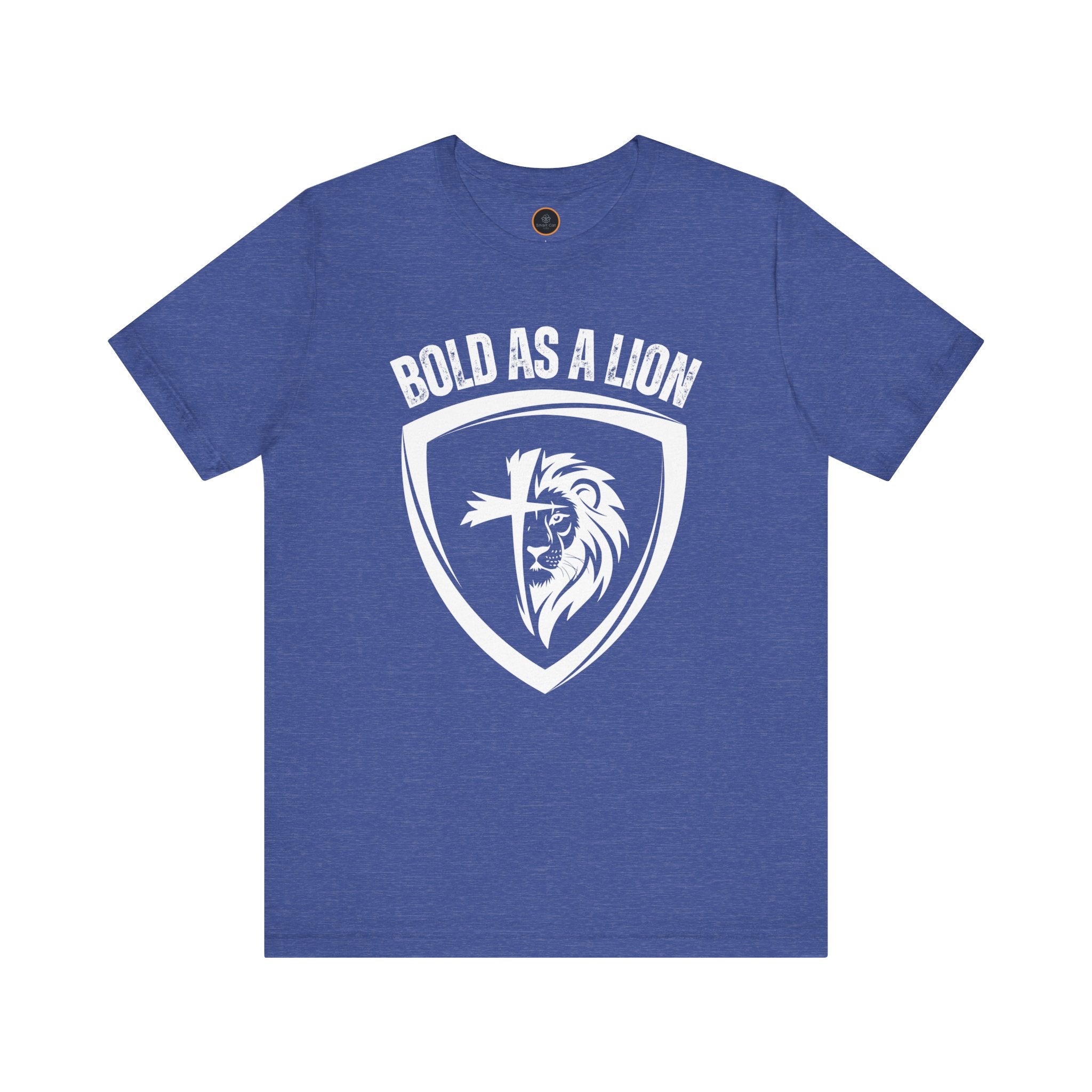 The Bold As A Lion t-shirt: Featuring a graphic with half of a lion's face merging into half of a cross within a shield outline. The text "bold as a lion" is printed above the graphic.
