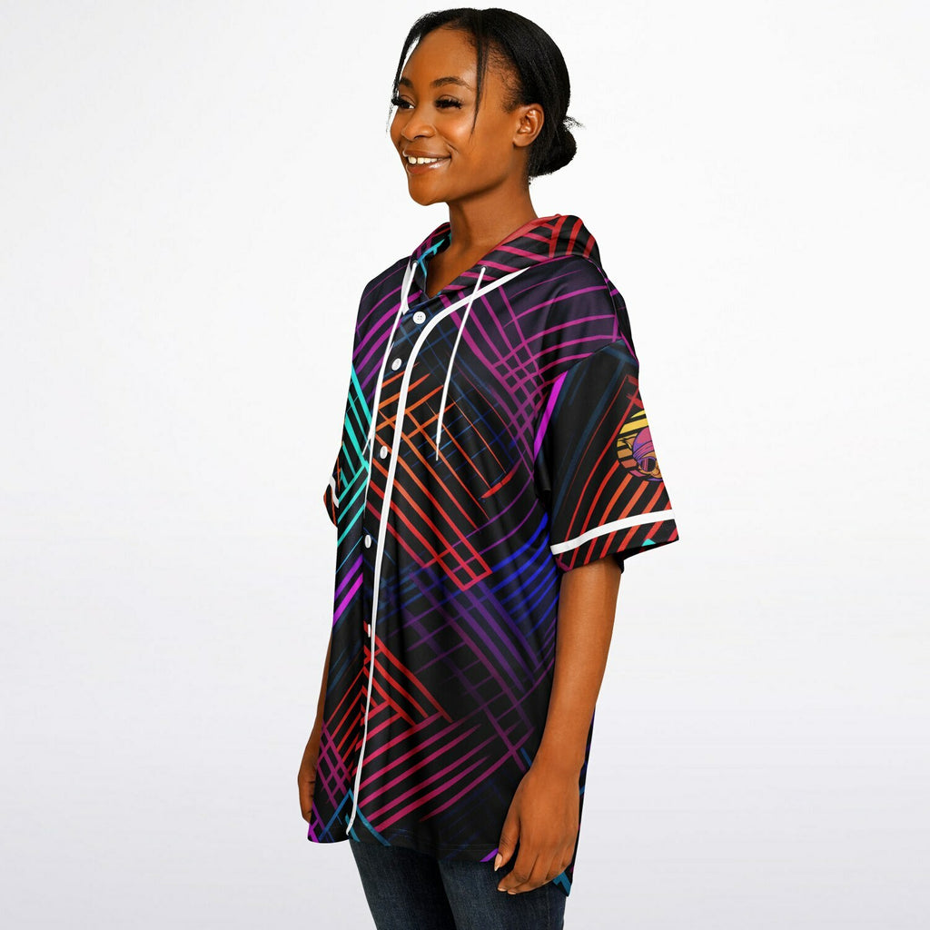 Retro Glow Hooded Baseball Jersey featuring a blend of vintage-inspired colors and a cool cat design on the left sleeve. 