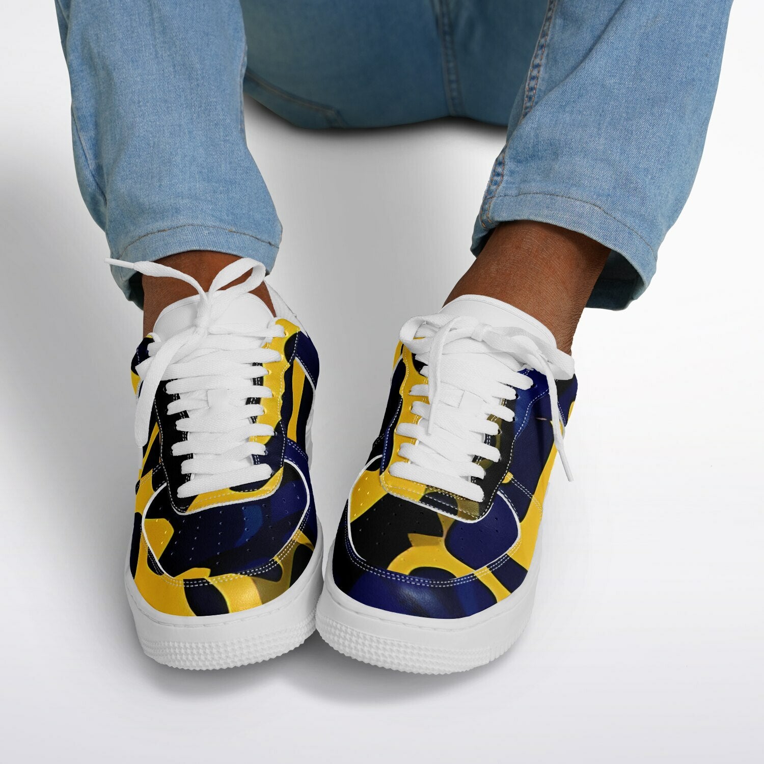 Vibrant Leopard Sneakers, low top sneakers with bold blue and yellow leopard pattern, on someone's feet.