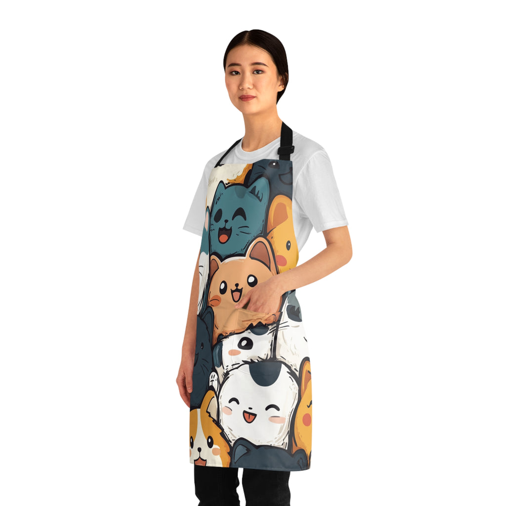 Woman wearing a colorful apron with cartoon cat designs