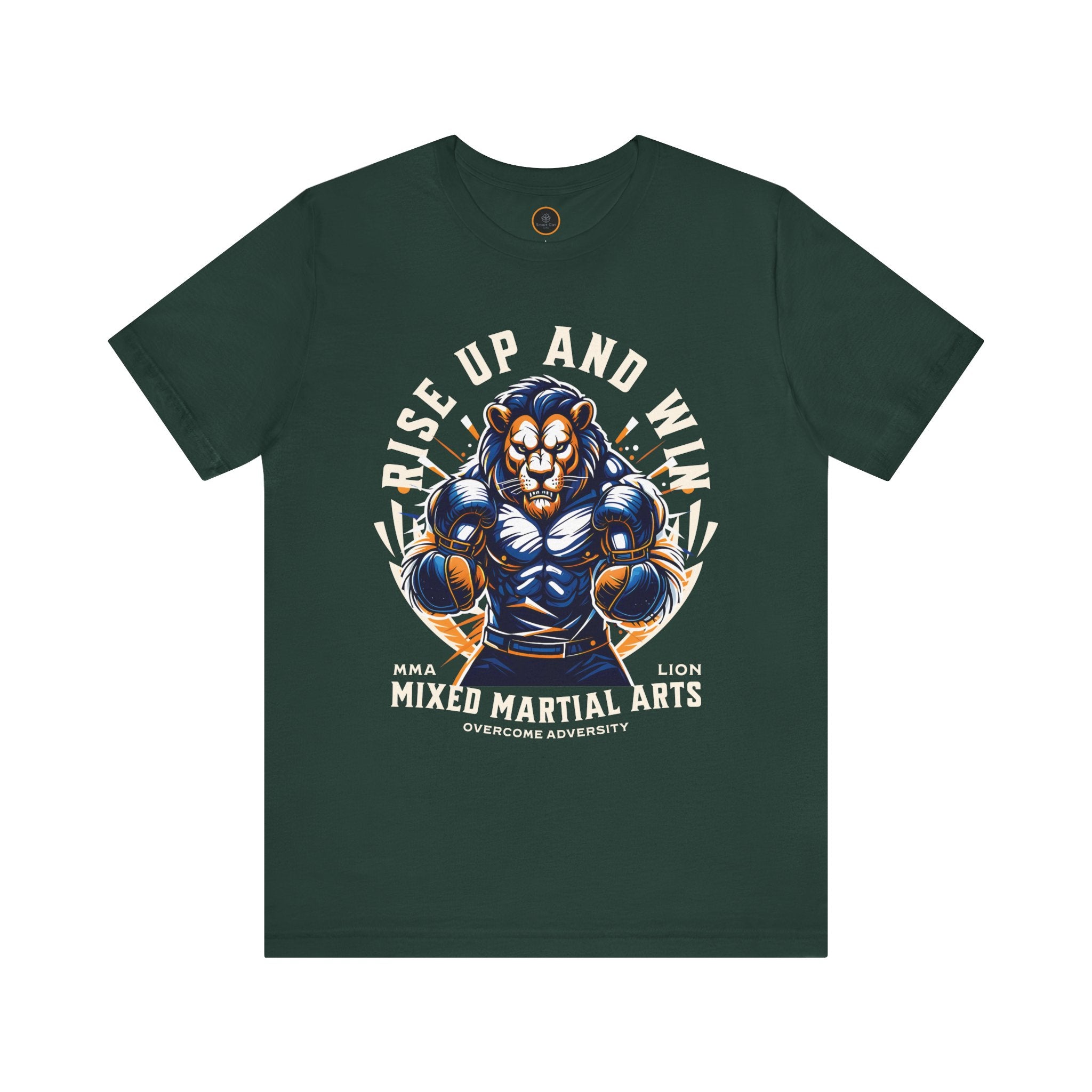 Green t-shirt featuring a powerful lion graphic in a ready-to-fight stance with inspiring 'Rise Up and Win' text.