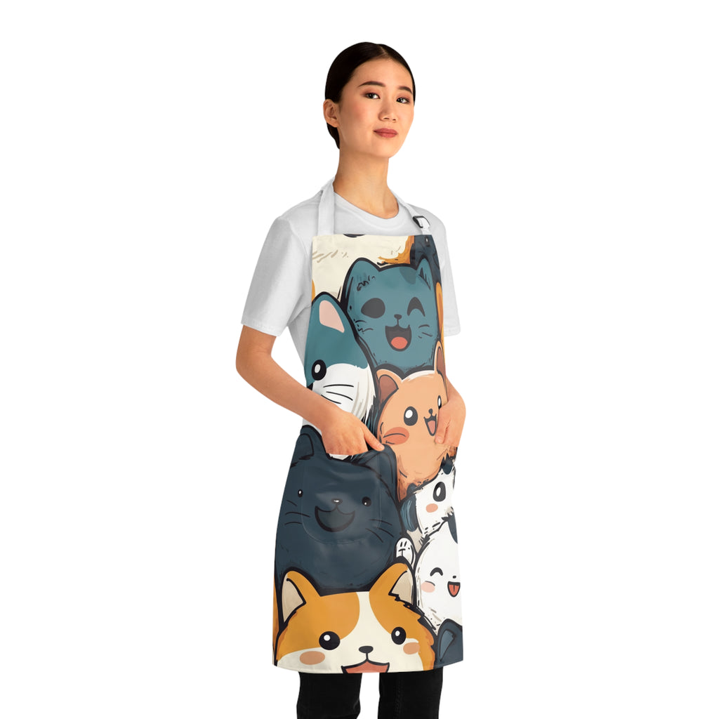 Woman wearing a colorful apron with cartoon cat designs