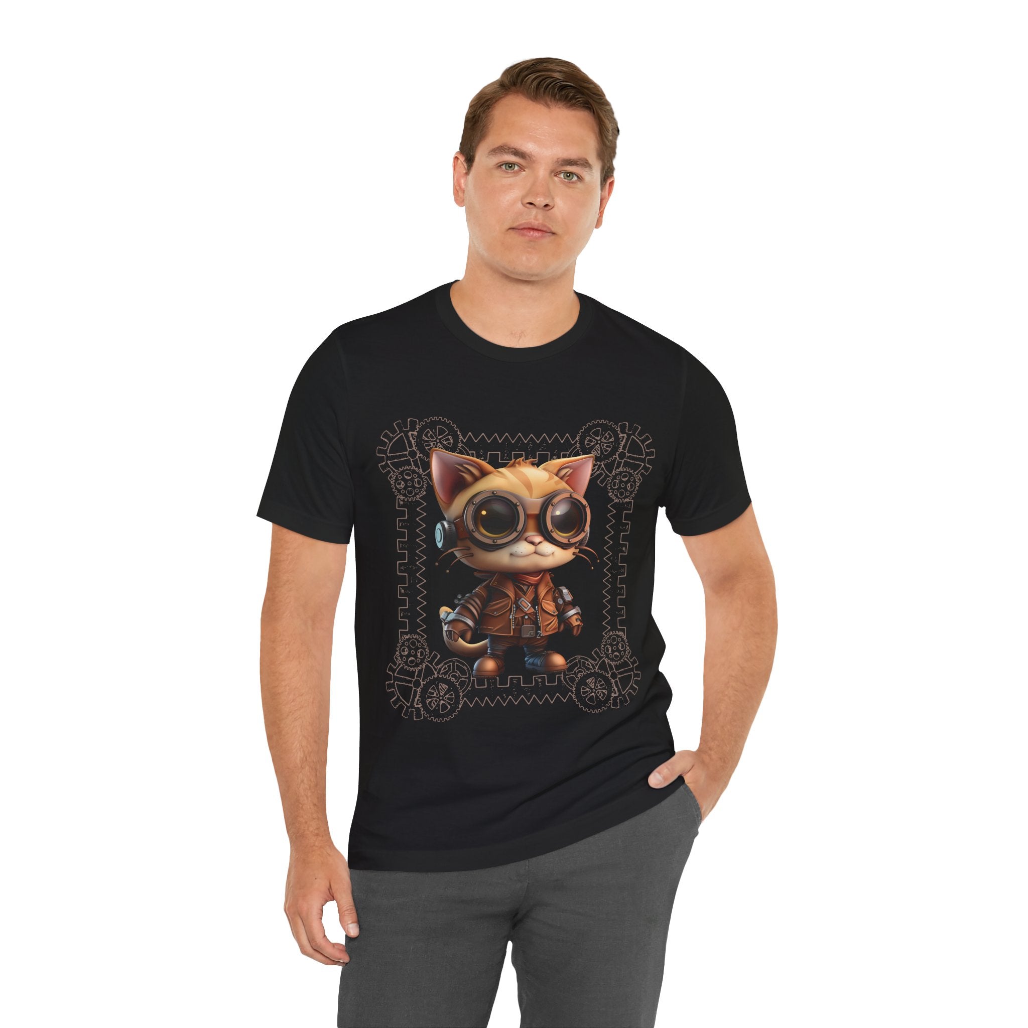 A black crew neck t-shirt with a graphic print of a steampunk-style cat with gears and wheels.