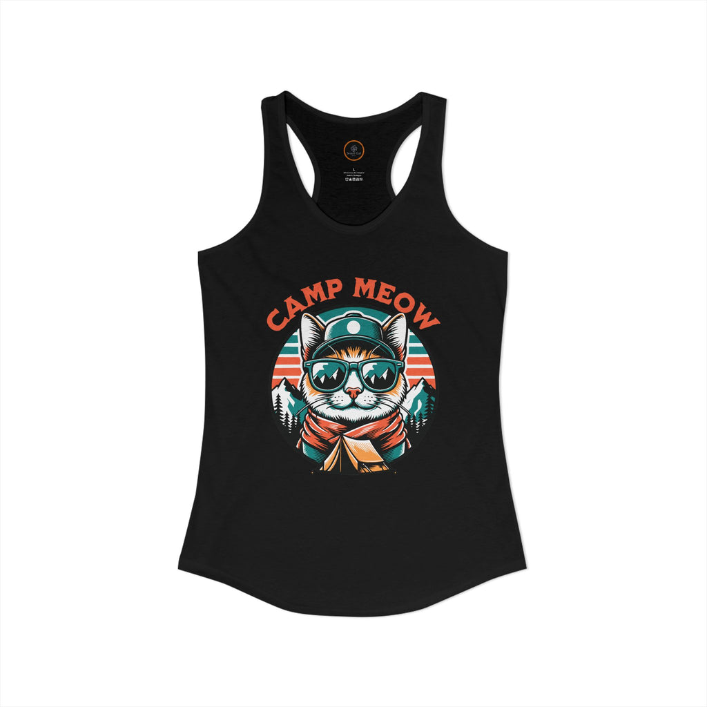 Black Camp Meow Racerback Tank — retro cat in sunglasses and scout uniform, mountain landscape behind.
