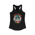 Black Camp Meow Racerback Tank — retro cat in sunglasses and scout uniform, mountain landscape behind.