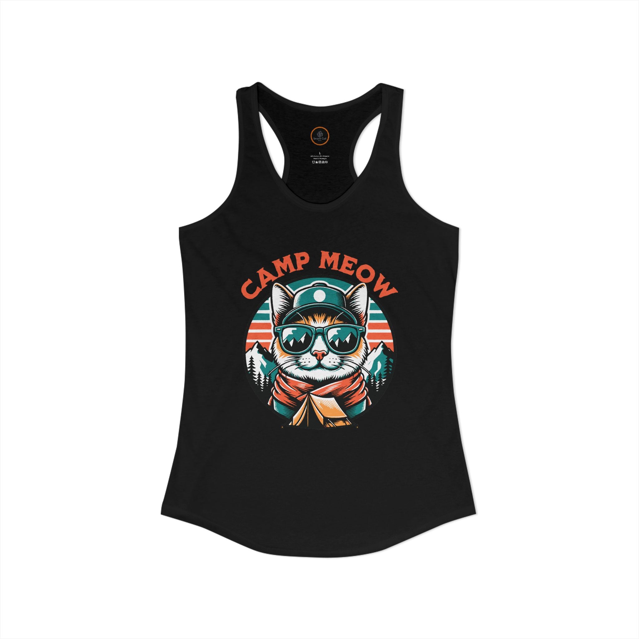 Black Camp Meow Racerback Tank — retro cat in sunglasses and scout uniform, mountain landscape behind.
