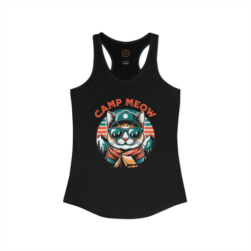 Black Camp Meow Racerback Tank — retro cat in sunglasses and scout uniform, mountain landscape behind.