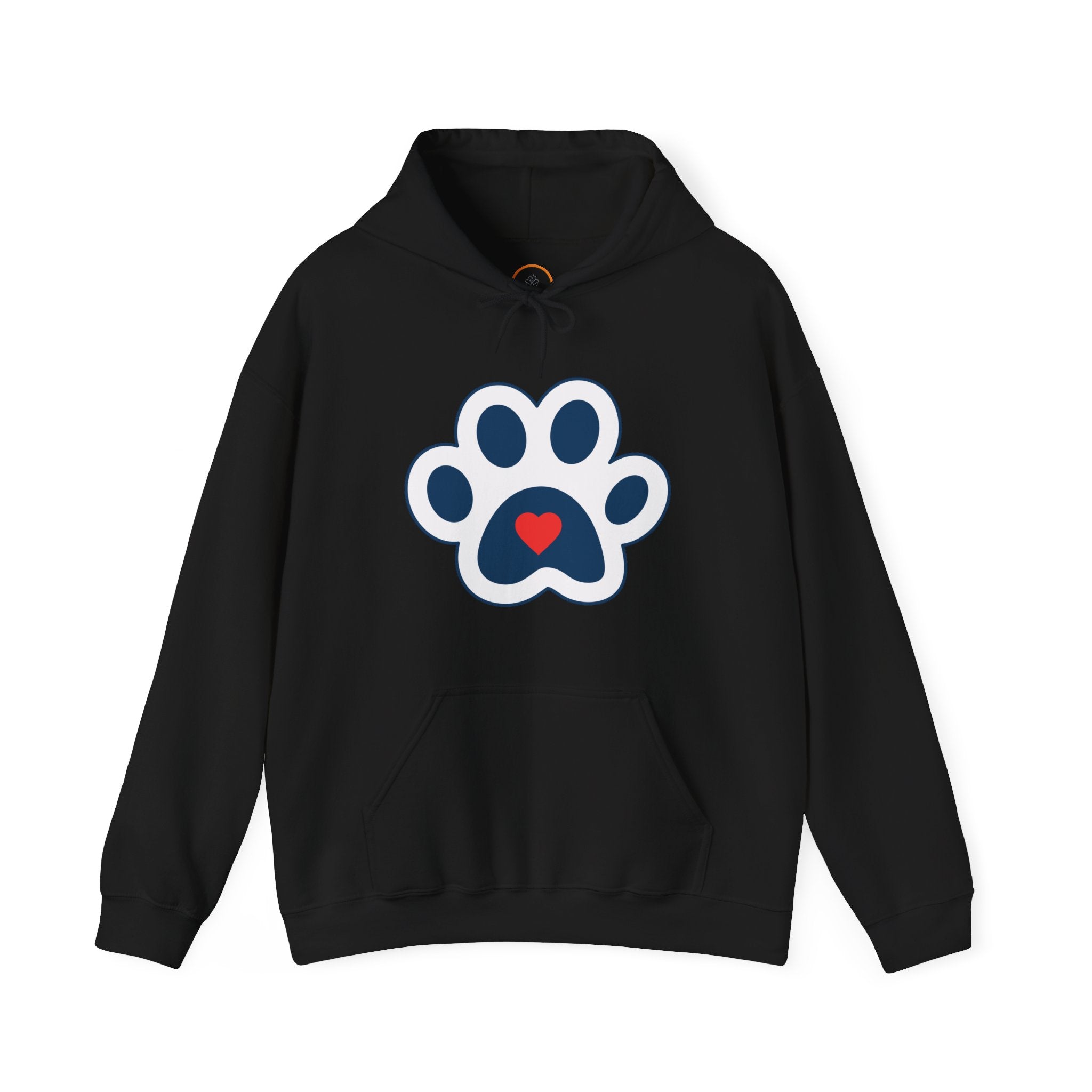  Heart In Paw hoodie: Blue and white cat paw graphic with a red heart in the center.
