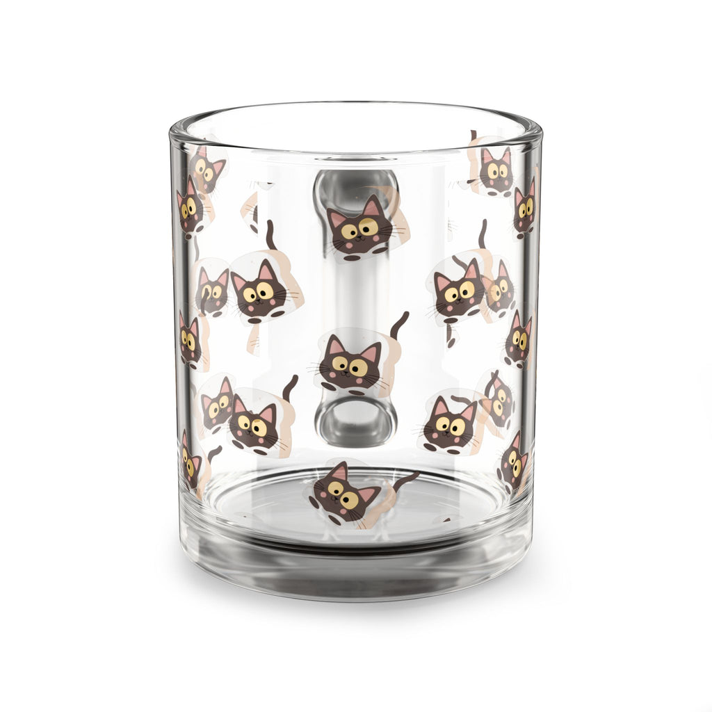 Clear glass "Morning Meow" mug with an all-over print of a wide-eyed brown cat peering its head through a slice of toast.
