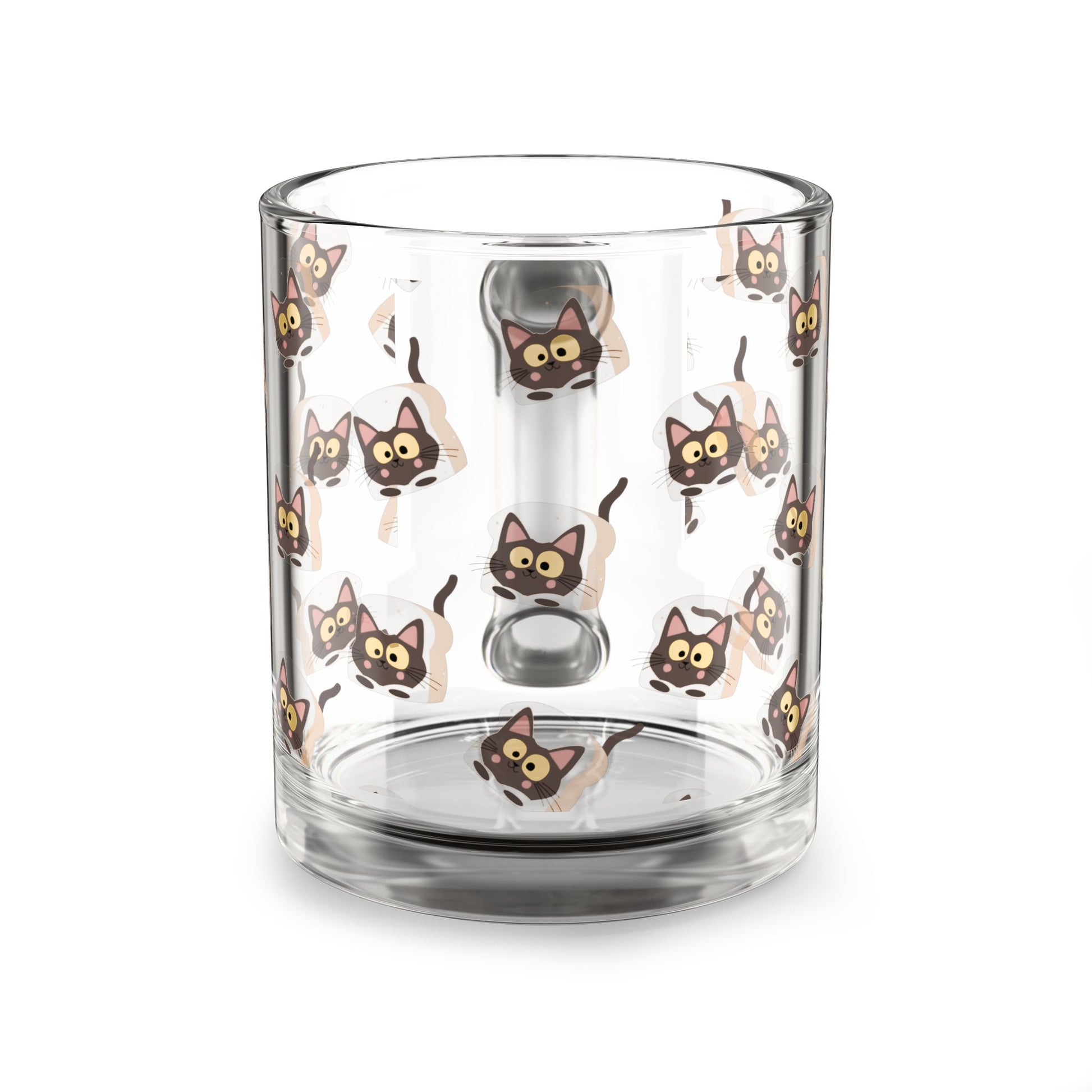 Clear glass "Morning Meow" mug with an all-over print of a wide-eyed brown cat peering its head through a slice of toast.
