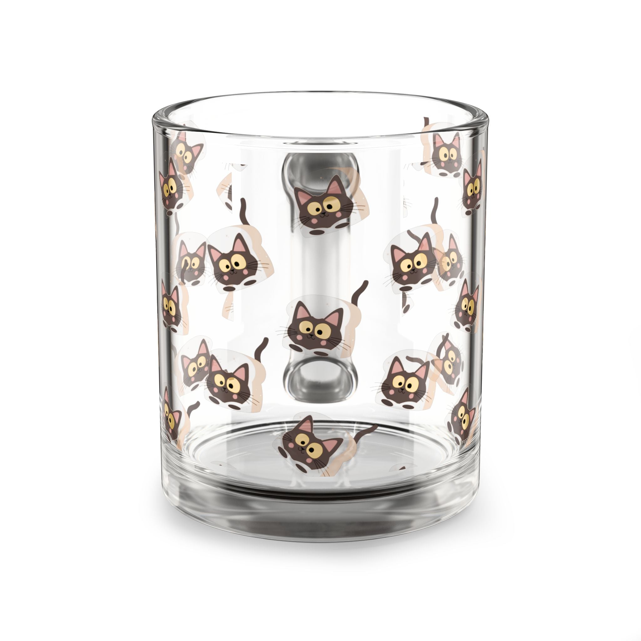 Clear glass "Morning Meow" mug with an all-over print of a wide-eyed brown cat peering its head through a slice of toast.