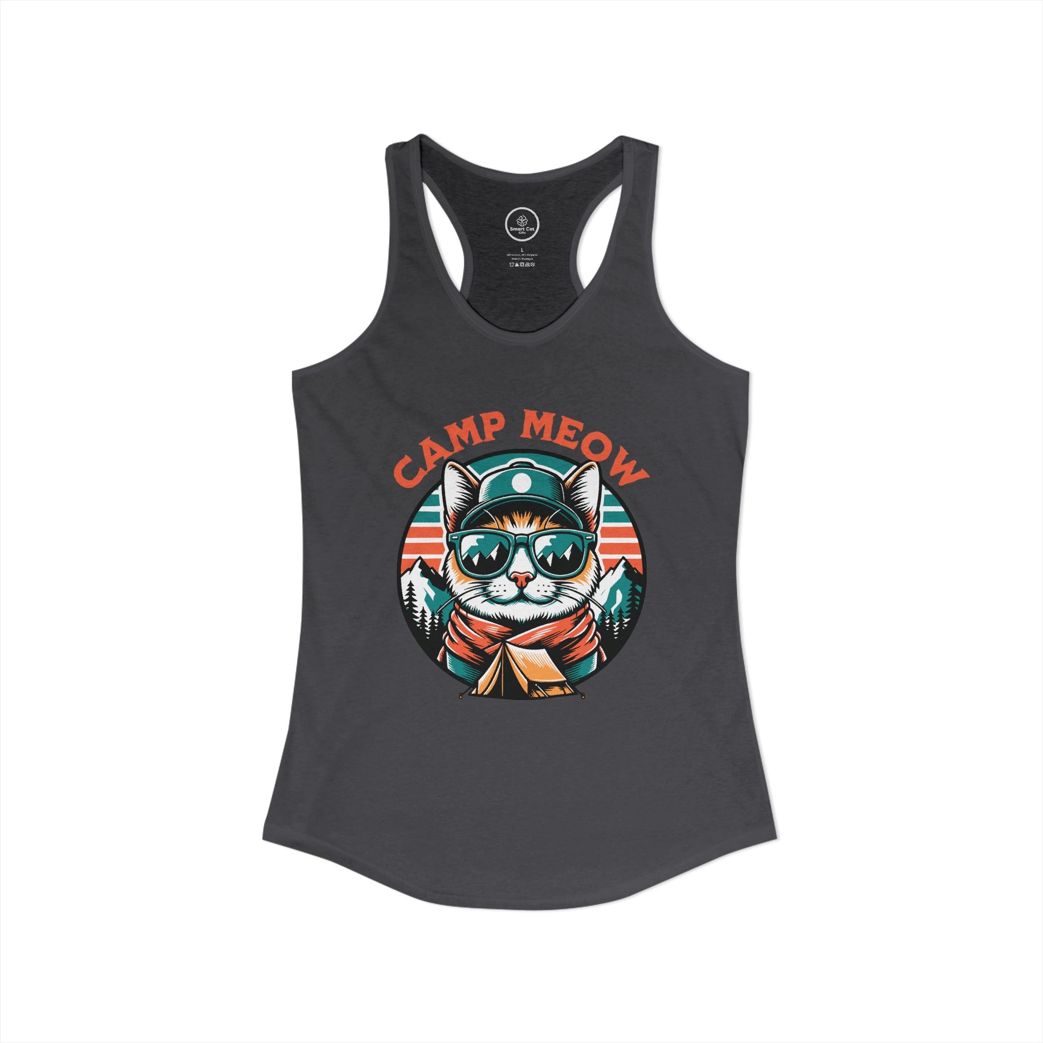 Gray tank top with a cat graphic and 'Camp Meow' text.