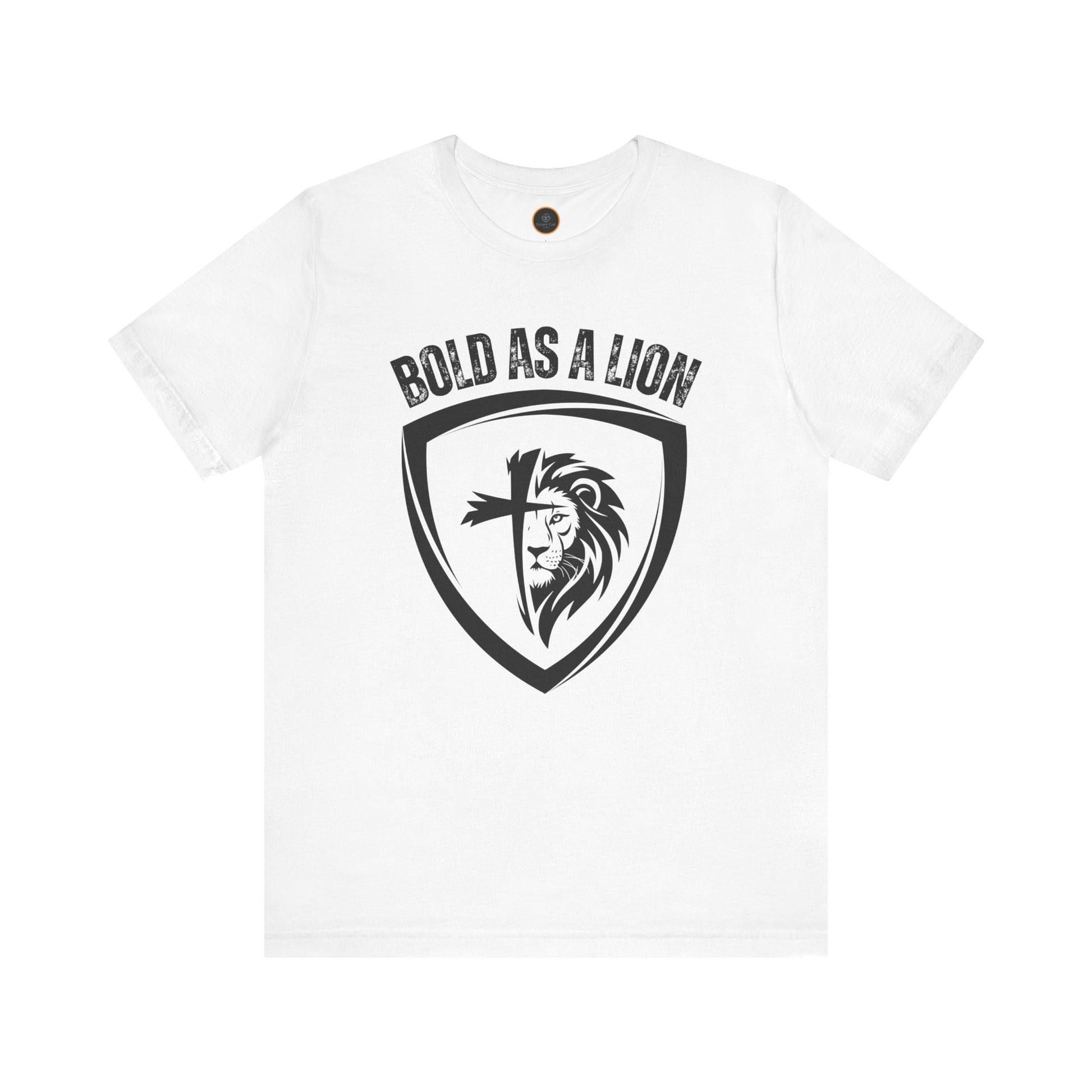The Bold As A Lion t-shirt: Featuring a graphic with half of a lion's face merging into half of a cross within a shield outline. The text "bold as a lion" is printed above the graphic.