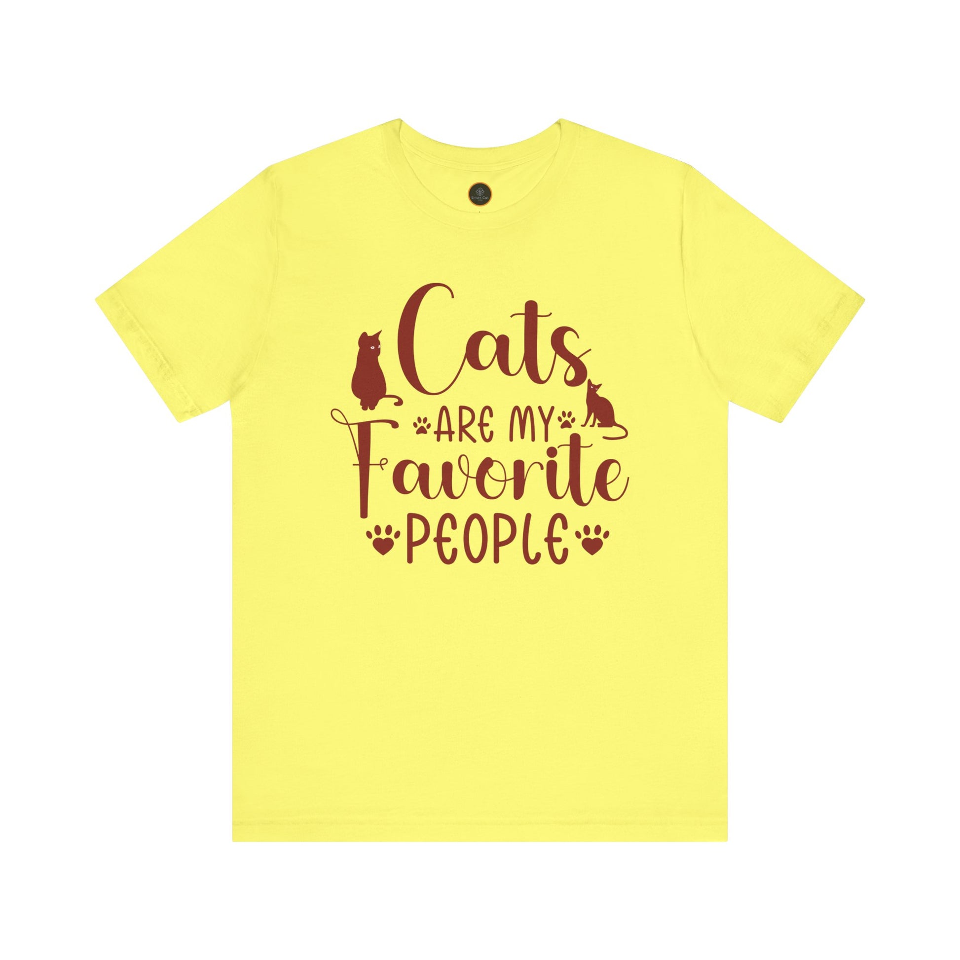 A t-shirt displays the text "Cats are my favorite people" in large letters, complemented by a design of four cat paw prints and two cat silhouettes.