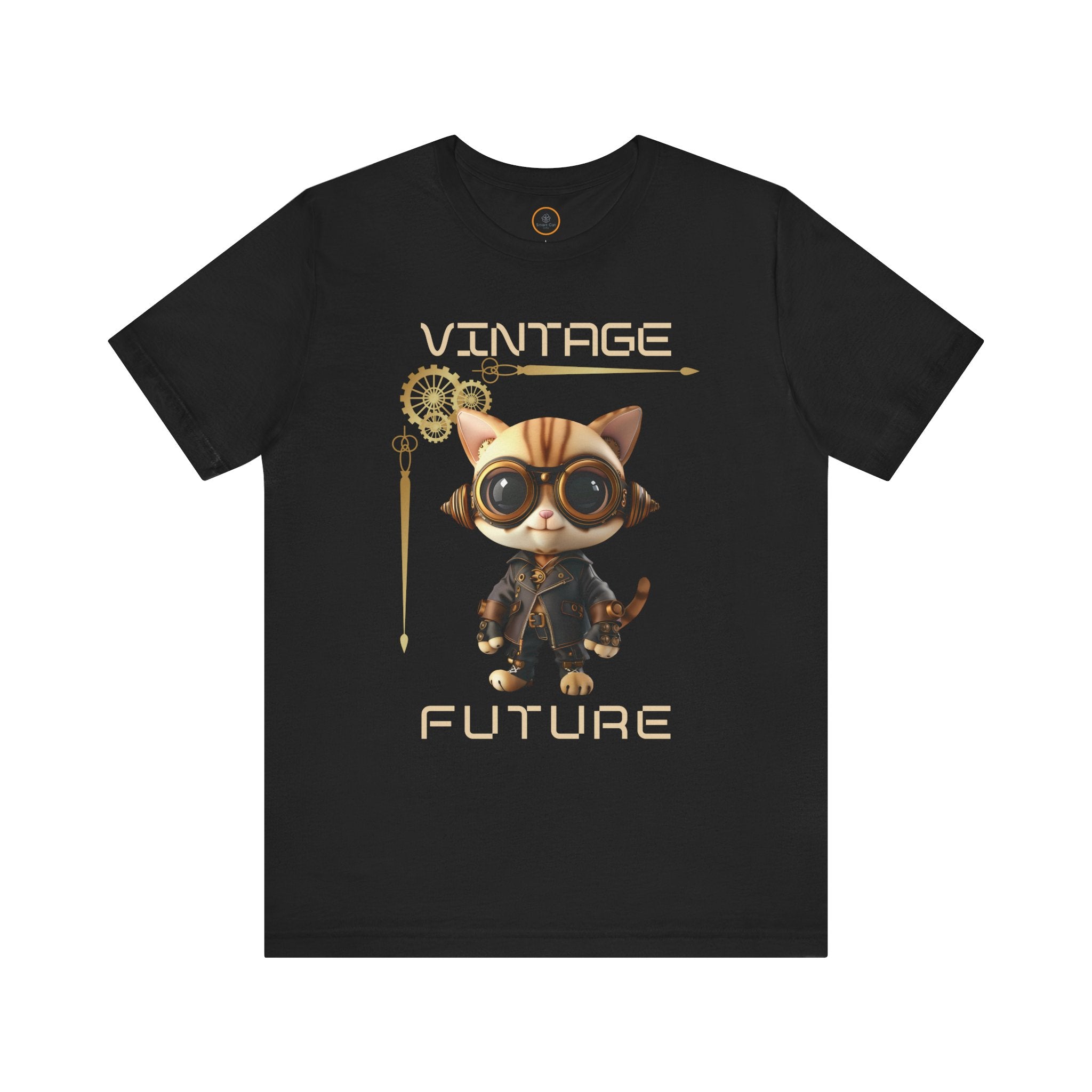 A graphic of a steampunk cat with goggles, half-framed by a border of gears. The word "Vintage" is written above the graphic, and "Future" is written below it.