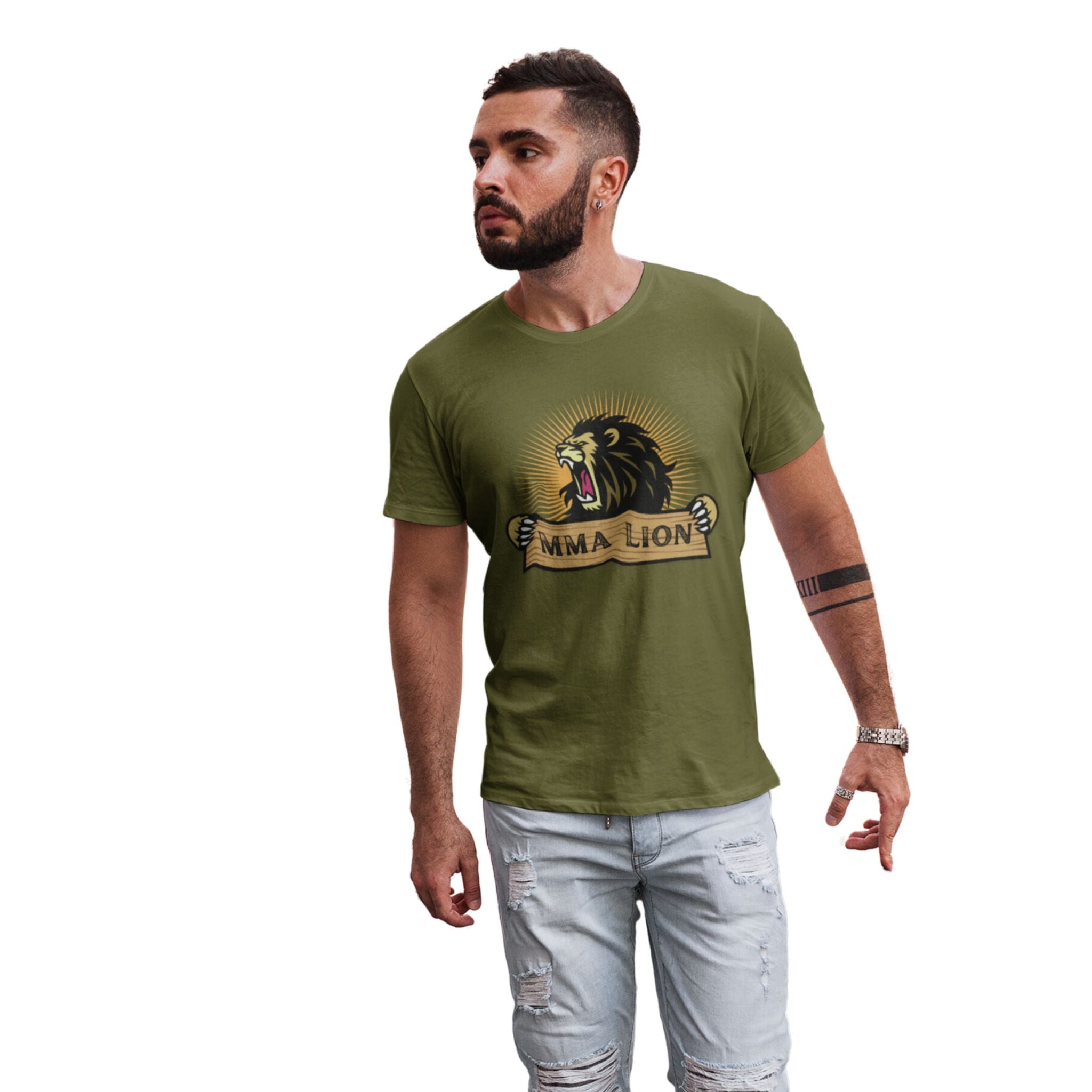 Green MMA Lion T-shirt: Features a graphic of a powerful, radiant, male lion  roaring while appearing to stretch a wooden plank with "MMA Lion" written on it.