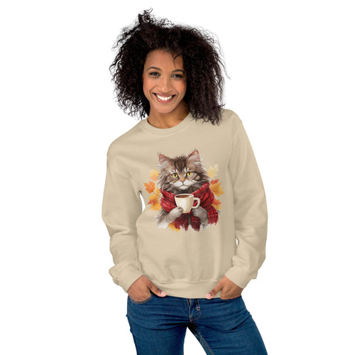 Autumn Kitty Crewneck Sweatshirt image: A cat graphic wearing a scarf and holding a hot drink, positioned within a design of fall leaves.