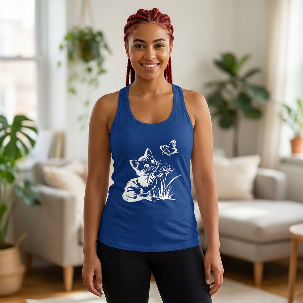 Model wearing the royal blue Butterfly Kitty Racerback Tank — white line art kitten chasing a butterfly.