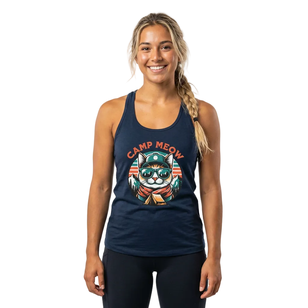 Model wearing navy blue Camp Meow tank top with a retro cat in sunglasses graphic.