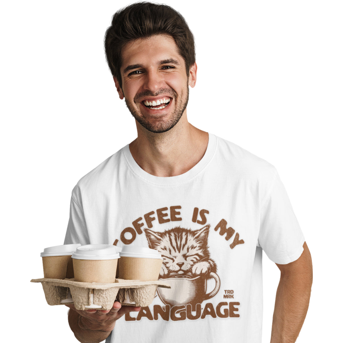 Model wearing a white crew neck t-shirt with the text 'COFFEE IS MY LOVE LANGUAGE' and a graphic of a cat.