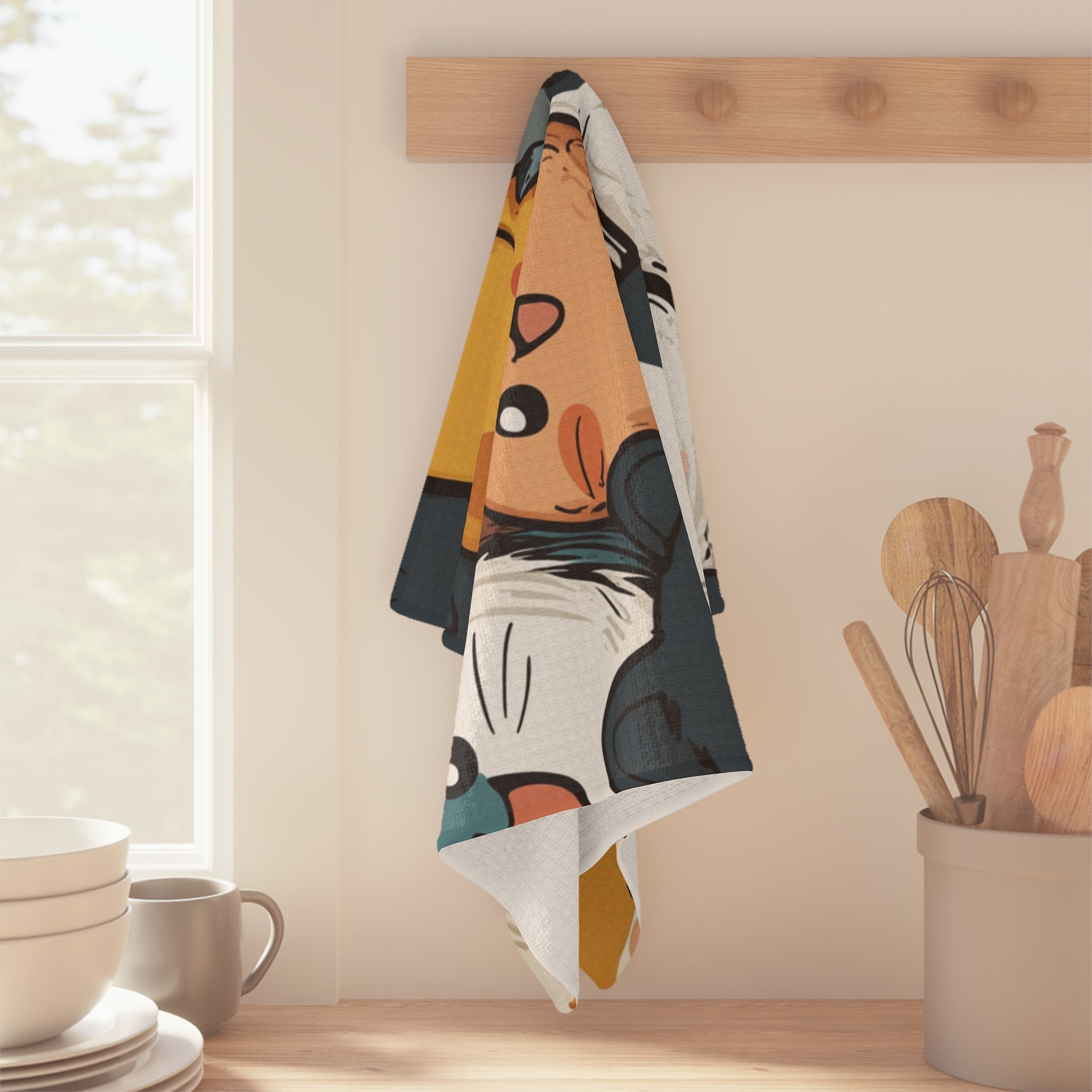 Colorful Kawaii Party Microfiber Tea Towel in a kitchen setting.