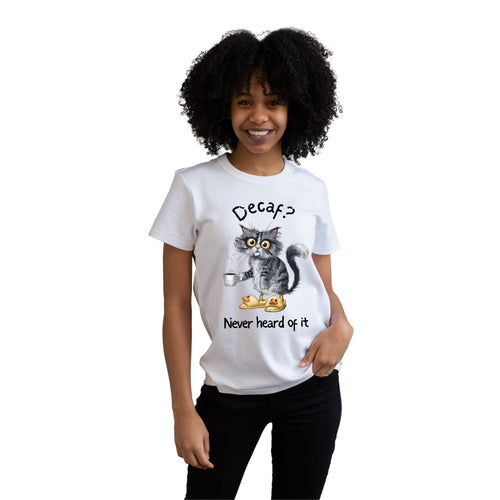 A model wearing a crew neck t-shirt featuring an exhausted-looking cat wearing yellow slippers with duck faces on them. The cat is holding a steaming mug of coffee. The text on the sweatshirt reads "Decaf? Never Heard of It."