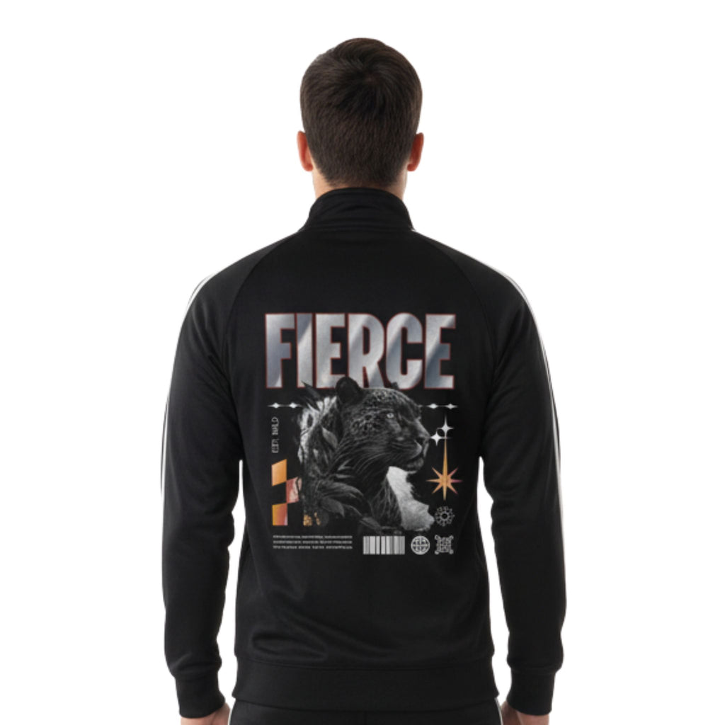Back view of a model wearing a black track jacket with white stripes on sleeves and back, featuring a leopard graphic and 'FIERCE' text.