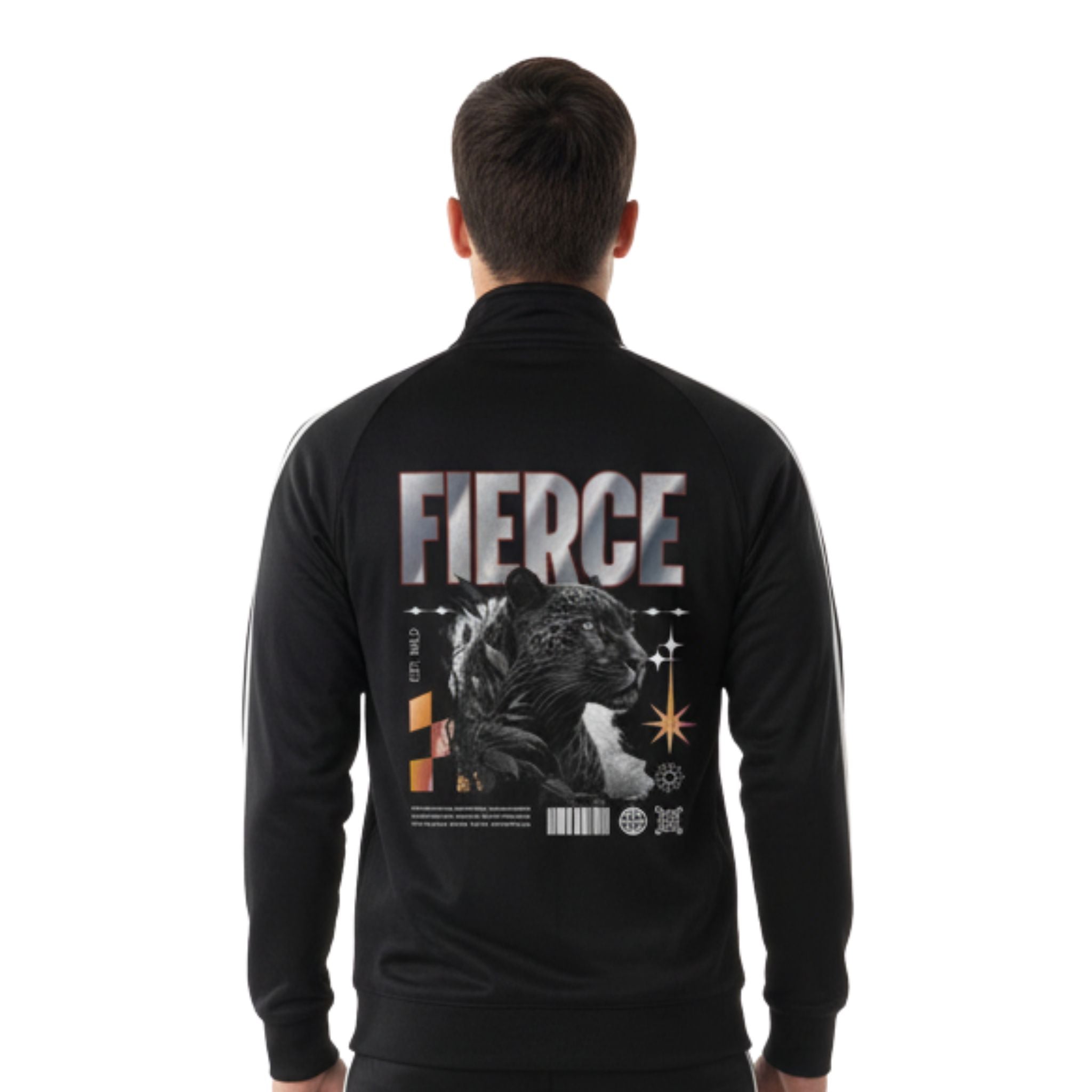Back view of a model wearing a black track jacket with white stripes on sleeves and back, featuring a leopard graphic and 'FIERCE' text.