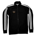 Black track jacket with white arm stripes and an orange wreath crest surrounding a grey cat's paw.